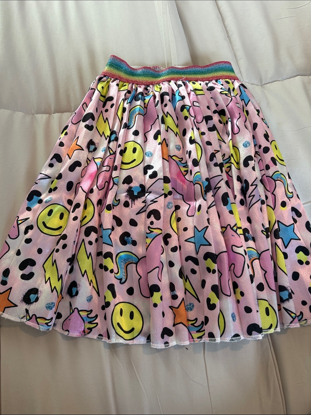 Lola and the Boys Pink Novelty Print Skirt with Rainbow Waistband